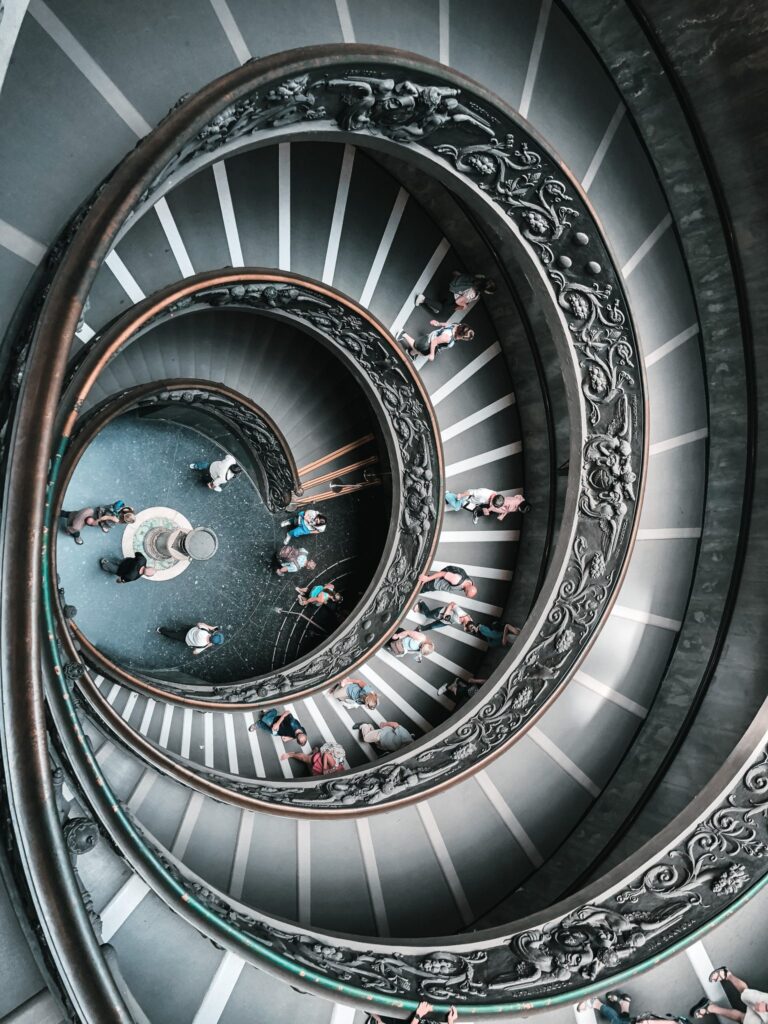 Looking down a spiral staircase