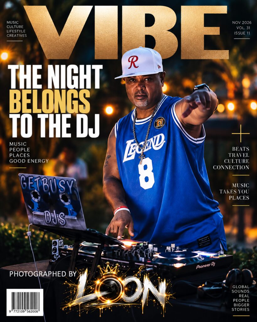 VIBE cover shot of a Get Busy DJ at the decks, photographed by LOON