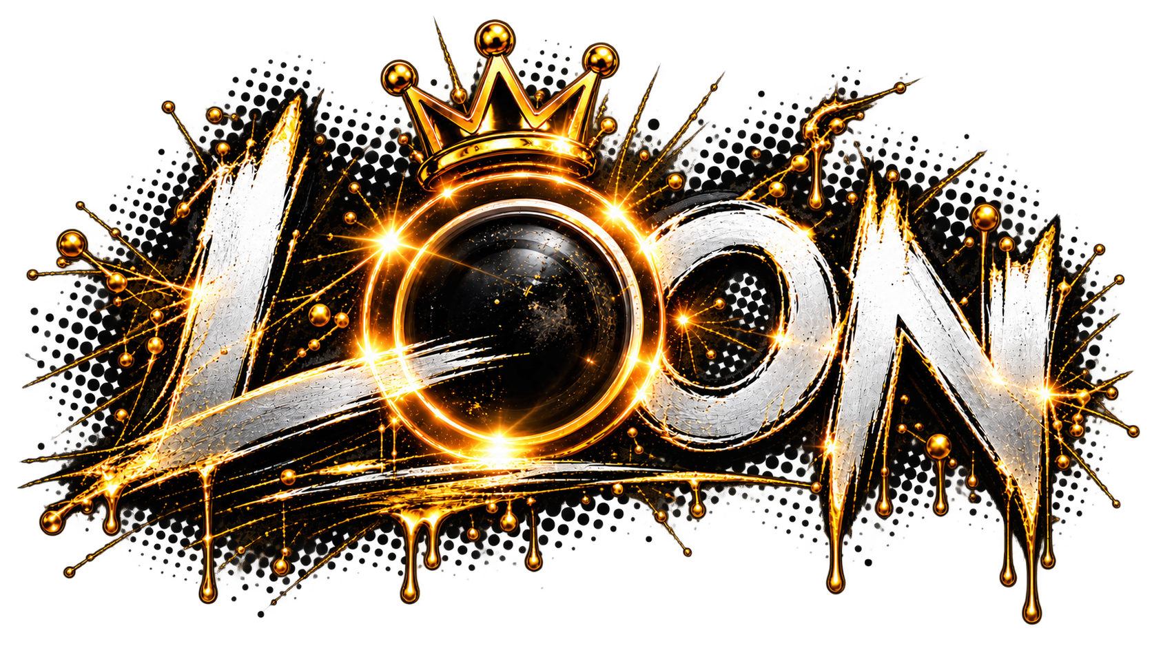 LOON logo in white distressed lettering with a gold crown, gold paint drips and splatter